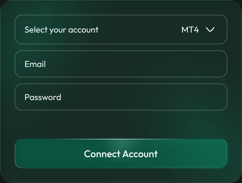The connect-account form: platform selector, email, password and a Connect Account button.
